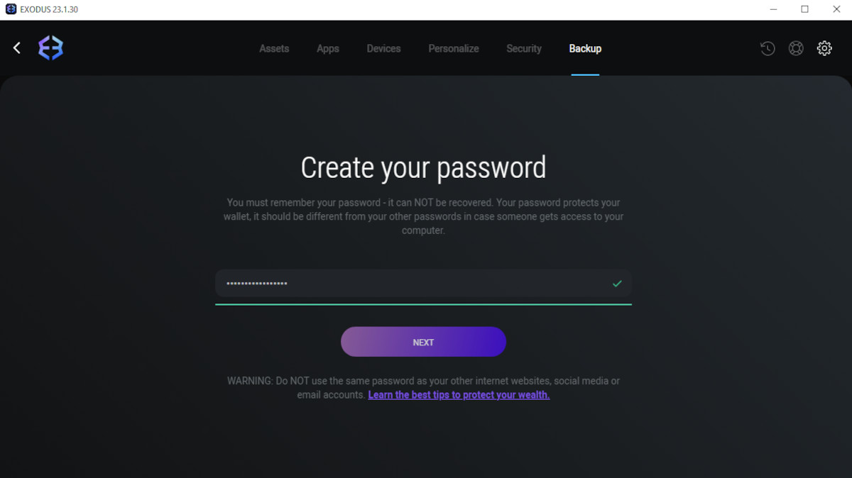 Exodus Wallet creazione password