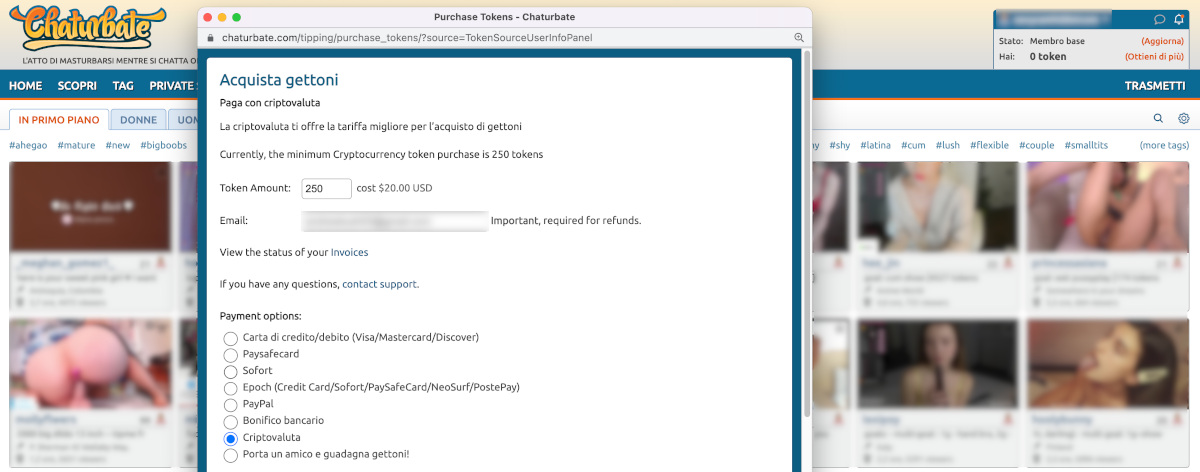 Acquistare Token su Chaturbate con Bitcoin